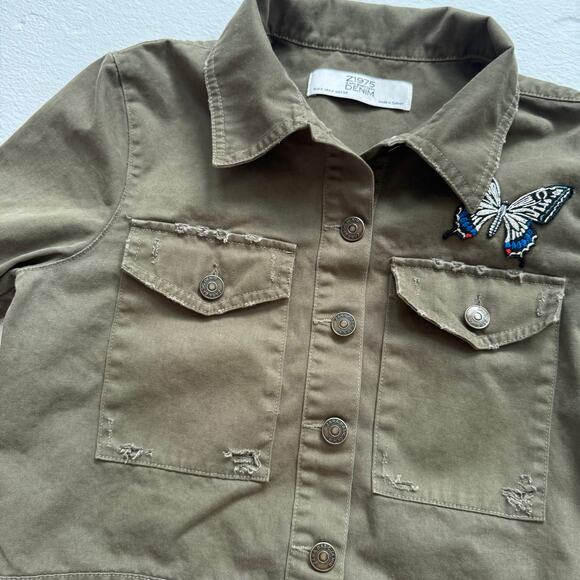 Zara Z1975 Denim Embroidered Butterfly Cropped Jacket, Size Small - Picture 3 of 6